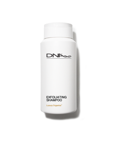 DNA Organics Exfoliating Shampoo bottle with natural ingredients, showcasing its deep-cleansing and scalp-refreshing properties for healthier, shinier hair