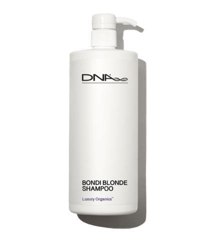 DNA Organics Bondi Blonde Shampoo bottle with organic ingredients, designed to enhance blonde hair, neutralize brassiness, and promote healthy shine